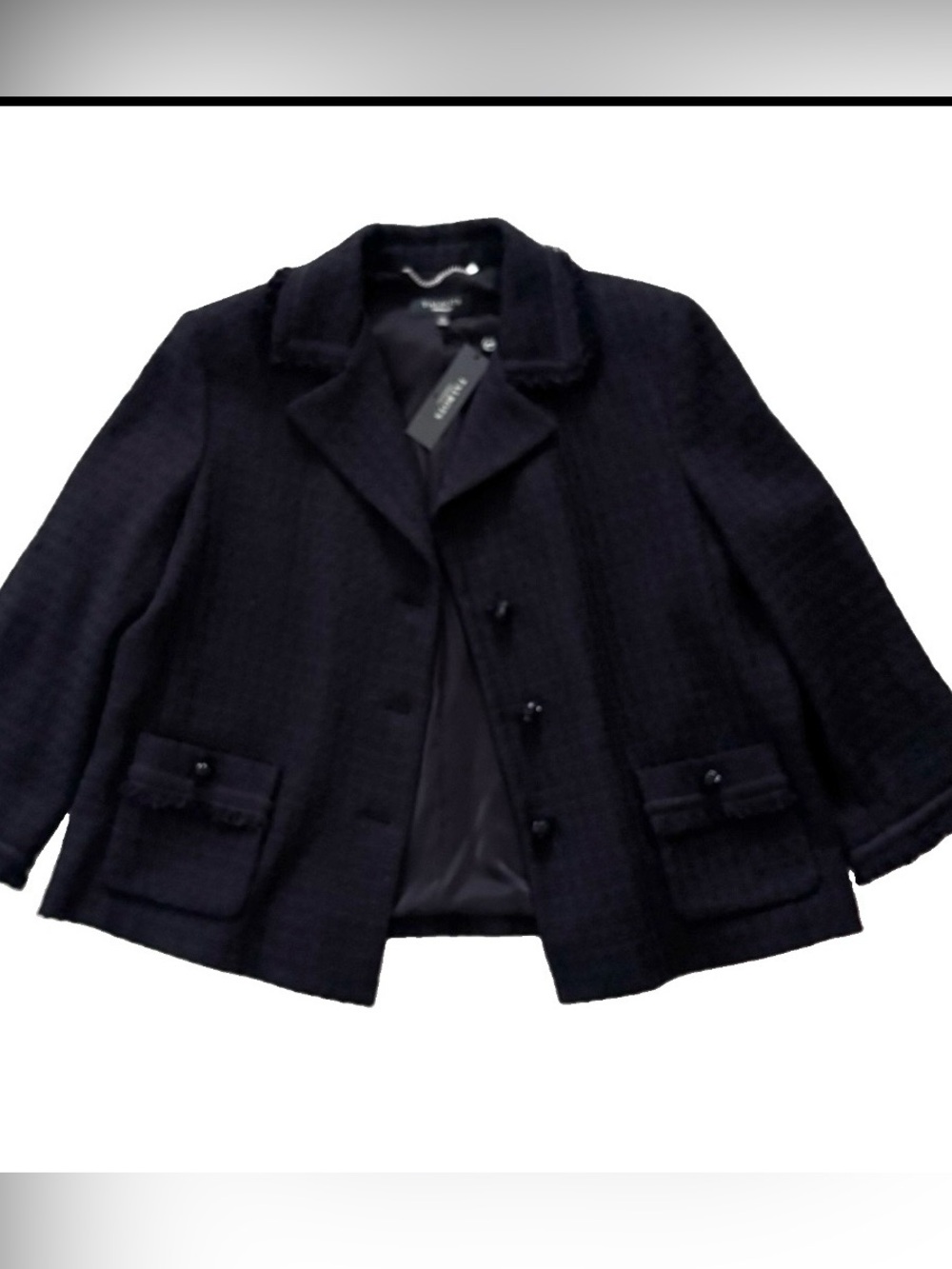 NWT Talbots Tweed Boucle Short Black Jacket Fringe Trim Size 18 ( Msrp $199)